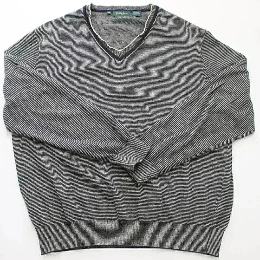 Bobby Jones Men's Medium Cashmere Blend Black White Striped V-Neck Sweater